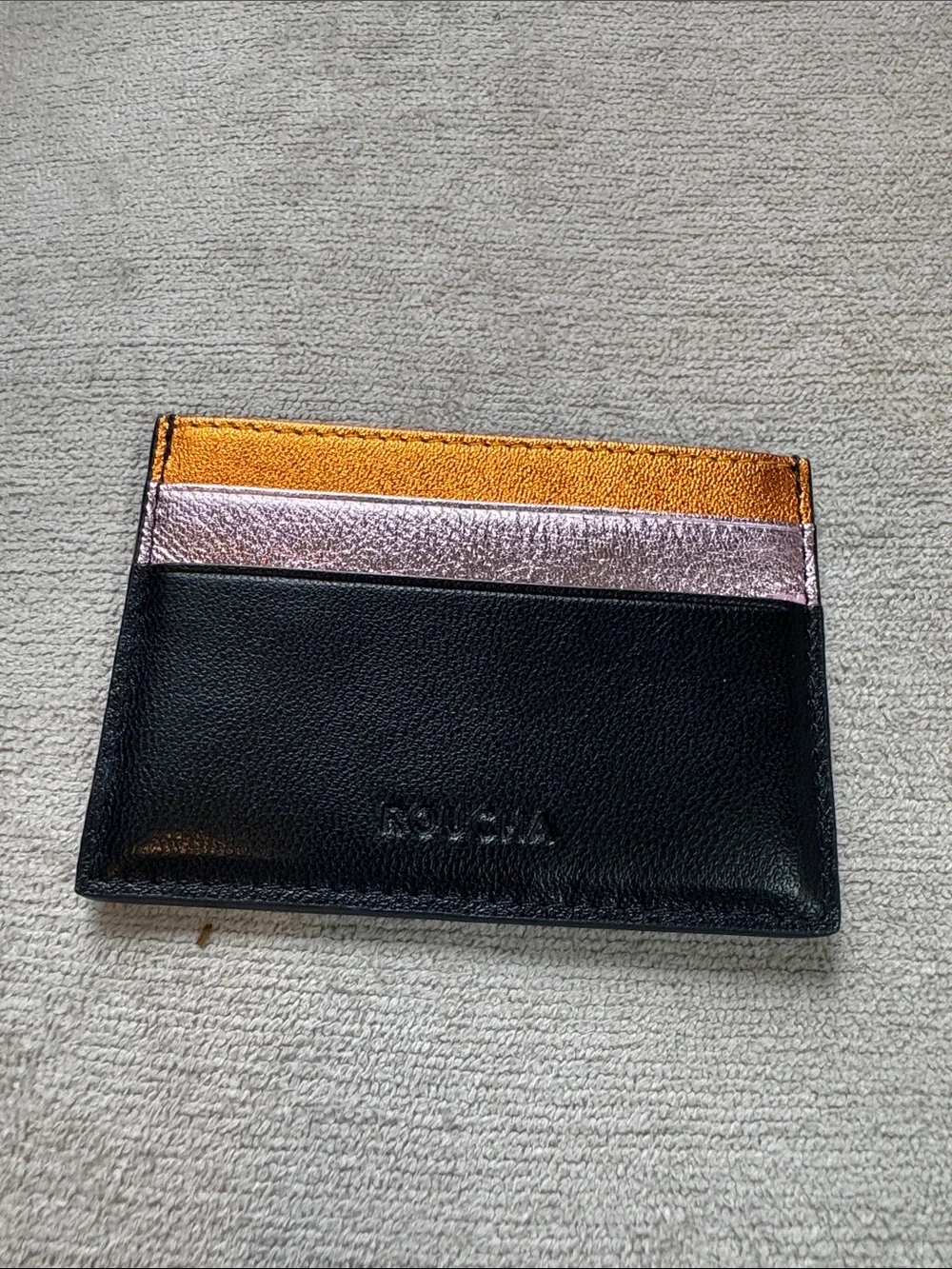 Black Leather Card Holder with Metallic Gold and Rose Accents